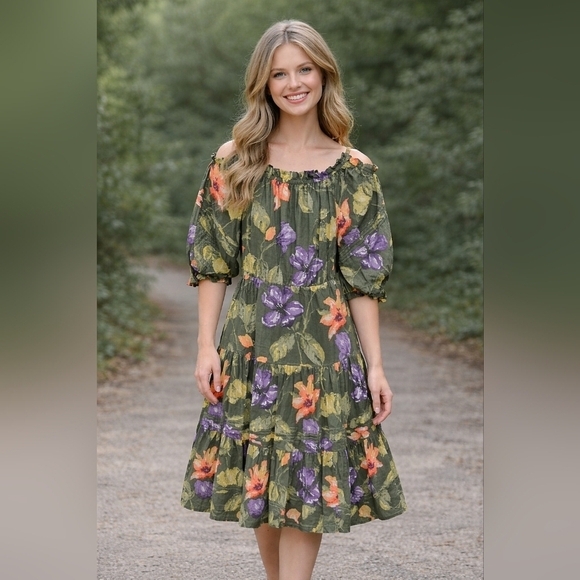 Lauren Ralph Lauren Dresses & Skirts - Lauren Ralph Lauren Floral Tiered Midi Dress Olive Green Purple Orange Size 6